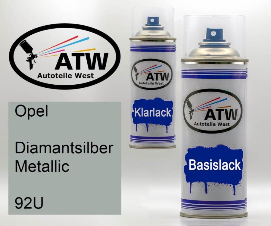 Opel, Diamantsilber Metallic, 92U: 400ml Sprühdose + 400ml Klarlack - Set, von ATW Autoteile West.